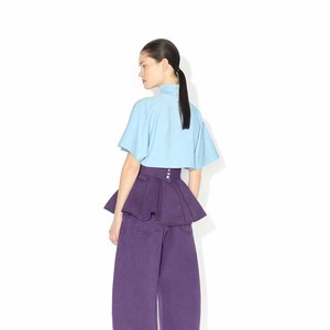 Top Corto de Cuello Alto Azul Claro para Mujer, Manga Corta, Tejido, Color Sólido, Estilo Minimalista, Corte Holgado, Primavera Verano, Detalle de Volantes - Product Image 2
