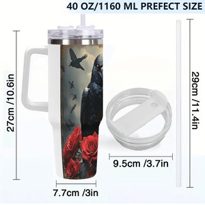 Vaso de acero inoxidable de 40 oz con diseño de cuervo y rosas, taza de viaje - Product Image 4