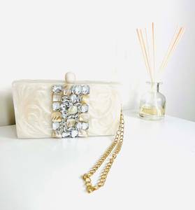 Luxury Resin Box Clutch with <b>Stones</b>, Crystals and Pearl Knob, Bridal Purse, Bridesmaid Bag, Evening Designer Handbag for Bride - Product Image 1