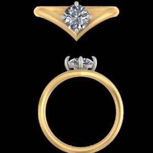 Anillo de compromiso solitario con corte brillante redondo, oro amarillo, banda de boda con contorno en V, anillo de diamante de laboratorio de 1 quilate, conjunto de joyería nupcial. - Product Image 1