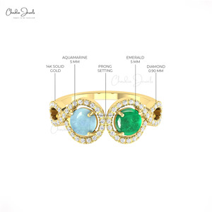 Bague Halo Ronde Naturelle de 5 mm en Émeraude et Aigue-marine avec Diamant en Or Fin 14 carats, Bague de Mariage Personnalisée, Fournisseurs en Gros de Qualité Supérieure - Product Image 6