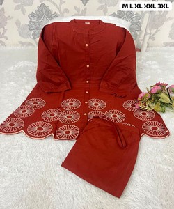 Women Cotton Kurta Set Floral Embroidery Loose Fit Midi Length Traditional Indian Pakistani Ethnic Casual Outfit SHAGUN 85370 - Product Image 3