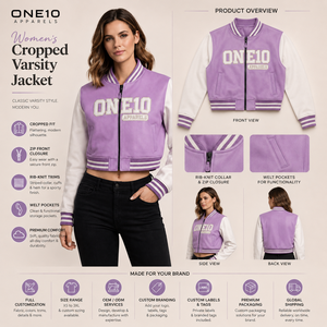 ONE10 APPARELS Women's Cropped <b>Varsity</b> <b>Jacket</b> Breathable Lightweight <b>Purple</b> White Contrast Sleeve Zip Front Full Sleeve Color - Product Image 2