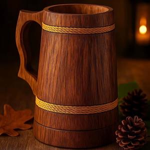 Jarra de Cerveza Vikinga Estilosa al por Mayor, Hecha a Mano, Retro, de Madera de Roble Marrón Tallada, Estilo Religioso Feng Shui, Diseño Ángel del Amor - Product Image 1