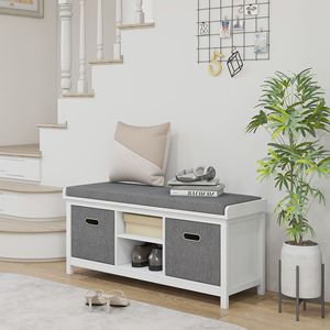 Panca da ingresso bianca con seduta imbottita, 2 cassetti e ripiano regolabile - Product Image 2