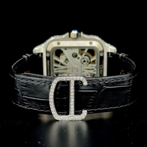 Premium Square Dial <b>Battery</b> Operated Gold two tone Skele-ton Premium black leather band watch diamond <b>tester</b> approved moissanite - Product Image 2