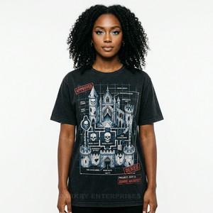 Camiseta al por mayor para mujer con estampado gráfico de castillo, camiseta personalizada con estampado de arquitectura gótica, top vintage negro con lavado ácido estilo streetwear - Product Image 1