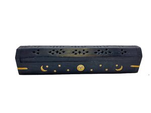 Boîte à encens en bois noir Steen faite à la main avec motif lune et étoile pour usage religieux, diffuseur d'aromathérapie en bois de style chinois - Product Image 2