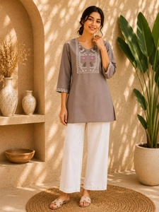 <b>Women</b> Embroidered Cotton <b>Kurti</b> With White Pant Pants Casual Loose Fit Indian Pakistani Style Set All Seasons Wear - Product Image 1