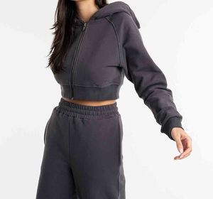 Conjunto de Sudadera Corta con Capucha Gris Oscuro para Mujer y Pantalones Acampanados a Juego, Chándal Casual de Corte Holgado con Bolsillos Laterales - Product Image 4