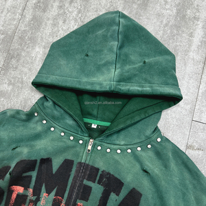 Vente en gros de sweats à capuche pour hommes en molleton épais vintage, style hip-hop, avec strass, effet vieilli, unis, personnalisables, délavés à la pierre et découpés au laser - Product Image 6