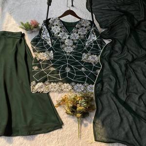 Conjunto de Traje Palazzo VASTRA COTTAGE con Top Kurti Bordado con Lentejuelas, Talla Única, Palazzo y Dupatta Cosidos, Ropa Étnica - Product Image 2