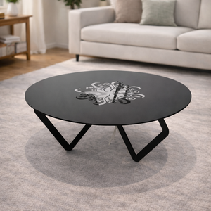 Table basse ronde contemporaine pour salon avec surface métallique décorative gravée et support de pieds en acier géométrique - Product Image 2