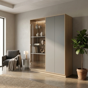Mueble de Salón Moderno con Puertas de Vidrio y Paneles Gris Oscuro, Estantes Ajustables, Mueble de Almacenamiento de Madera - Product Image 3