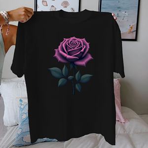 Detailed Purple <b>Rose</b> Illustration Casual Women's T-Shirt with Knitted Fabric 100% Cotton Comfort Fit - Product Image 4