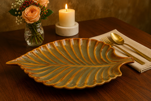 Handcrafted Leaf-Shaped <b>Ceramic</b> Serving Platter with Rustic Glazed Finish Decorative Dinner <b>Plate</b> for Food Serving & Table Décor - Product Image 2