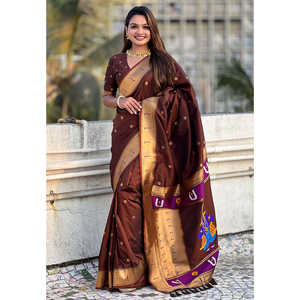 Sari de Seda Paithani Tradicional Tejido con Hilo Zari de Café Elite Weaves, Ropa India y Pakistaní Especial - Product Image 1