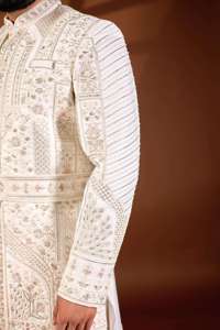 Pearl Kamarbandh Pattern Wrinkle <b>Free</b> Mandarin Collar Festive Wedding Mens Sherwani Premium Divine Touch Base Pastel Dhaga Groom - Product Image 2