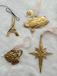 Christmas Vintage Brass Tree Ornaments Handcrafted Christmas Decor with Purple Ribbon <b>Hanging</b> Decorations - Product Image 4