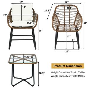 Ensemble bistrot 3 pièces en rotin pour patio avec coussins et table en verre pour les fêtes de jardin - Product Image 4