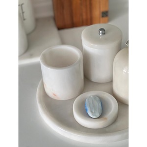 White Marble Bathroom Set 4-Piece Round Minimalist Soap Dispenser <b>Toothbrush</b> <b>Holder</b> Tray Easy To Clean - Product Image 3