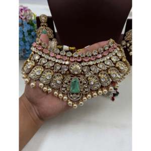 <b>Indian</b> Ethnic Fine Jewelry <b>Set</b>-Tejaswini Polki Moissanite Choker <b>Necklace</b> - Product Image 3