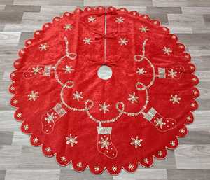 Rustic Velvet Christmas Tree <b>Skirt</b> Reindeer Embroidered Festive Holiday Decor Handmade Tree Cover - Product Image 3