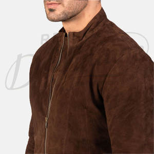 Chaqueta de cuero de gamuza marrón premium para hombre, corte ajustado, cuello alto, chaqueta clásica con cremallera, chaqueta ligera para otoño - Product Image 3