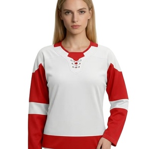 Maillot de hockey sur glace pour femmes, blanc et rouge, manches longues, col en V, en maille polyester anti-humidité, vêtement de sport - Product Image 1