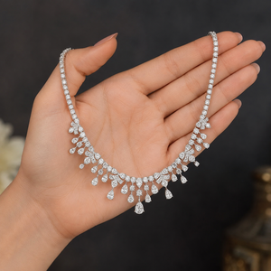 Women's 925 Sterling Silver <b>Statement</b> <b>Necklace</b> Pear and Round Brilliant Cut Moissanite Wedding Anniversary Party - Product Image 3