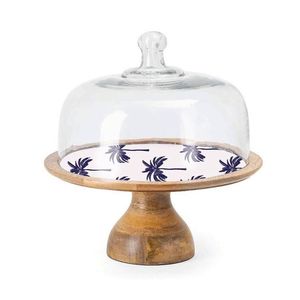 Soporte de Madera Hecho a Mano para Tartas con Campana de Cristal, Pedestal para Postres con Estampado de Palmera Esmaltada para Decoración de Panadería, Bodas y Fiestas - Product Image 1