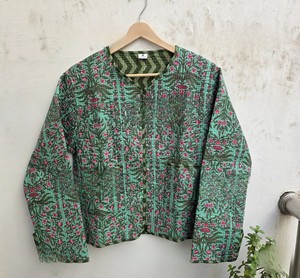 Handmade Green Floral Kantha Quilted Knitted Silk Screen Printed Cotton Indian Reversible Long Sleeve Regular <b>Jacket</b> Women Boho - Product Image 1