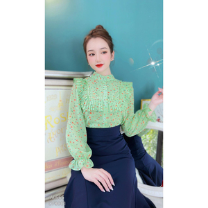 Blusa de Manga Larga para Mujer al por Mayor, con Pliegues, Volantes Frontales, Ribete de Encaje, Cuello Mandarín, Botones, Elegante, para Oficina o Casual - Product Image 5
