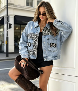 Women's Breathable Denim <b>Jacket</b> Floral Print Patchwork Bow Applique Rhinestone Distressed Regular Fit Formal Outerwear Spring - Product Image 3