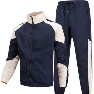 Custom Logo Front Position Windproof Plus Size Color Block Unisex Tracksuit Set Full Zip <b>Jacket</b> Drawstring Pants Side Pockets - Product Image 1
