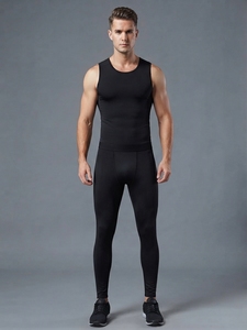 Men's Full Length Compression Leggings Solid Black Elastic Waist <b>Spandex</b> Nylon Athletic Workout <b>Pants</b> - Product Image 3