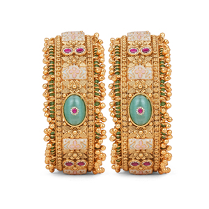 Premium Quality Metal Bangle with Mint Green Centre <b>Ruby</b> Stone Work Meena Metal Flower Pattern Crystal Bead Chains and Ghungroos - Product Image 1