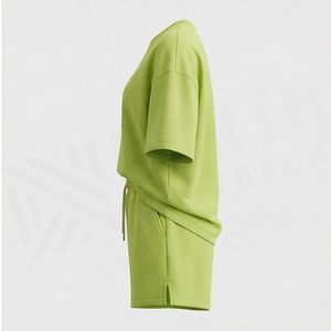 Women's 2 Piece <b>Knitted</b> <b>Set</b> Green Short Sleeve T Shirt and Above Knee Shorts Casual Loose Fit Crew Neck Foil Print Spring Summer - Product Image 4