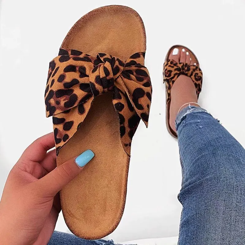 2022 Fashionable Women Cheetah Sandals Colorful Bow Flat Casual Leopard Women's Sandals