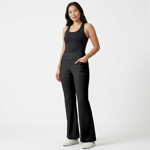 High Waist Black Solid Leg <b>Yoga</b> <b>Pants</b> <b>Pockets</b> Full Length Four-Way Stretch Elastic Spandex 100% Polyester Breathable 220g - Product Image 2