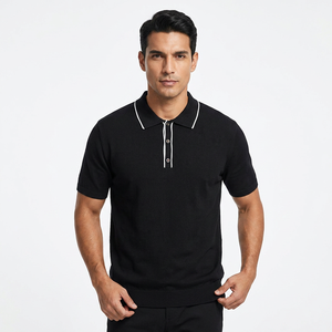 Polo à manches courtes pour homme, noir, couleur unie, tissu en coton, design boutonné décontracté, coupe classique - Product Image 6