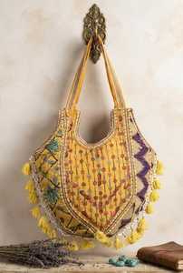 Yellow Embroidered Tassel Handbag Genuine Leather Shoulder Bag Zipper Closure Large Capacity Women Tote for Travel - Product Image 2
