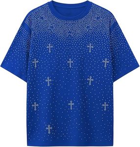 T-shirt bleu entièrement orné de strass pour homme, personnalisé avec des cristaux argentés, streetwear, fabricant OEM - Product Image 4