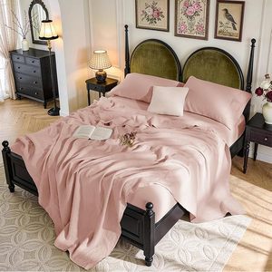 100% Linen Woven Modern Grade 4-Piece Bed <b>Sheet</b> <b>Set</b> Pink Color 100TC Solid Pattern Eco-Friendly All-Season - Product Image 1