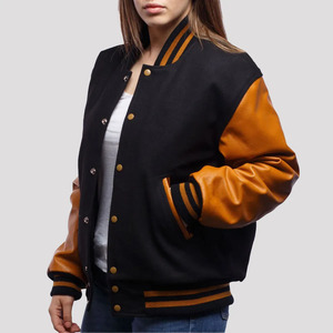 Custom <b>Women</b>’s <b>Leather</b> Sleeve Varsity <b>Jacket</b> Premium Letterman Bomber <b>Jacket</b> Casual Streetwear Baseball <b>Jacket</b> For <b>Women</b> - Product Image 5