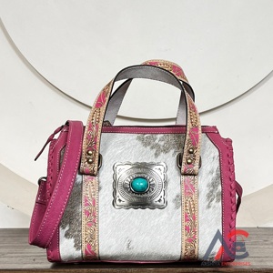 Hot Selling Hand <b>Tooled</b> <b>Leather</b> Medium Duffel Bags Pink Cowhide <b>Leather</b> Bag Turquoise Concho Shoulder Crossbody Purse for Women - Product Image 1