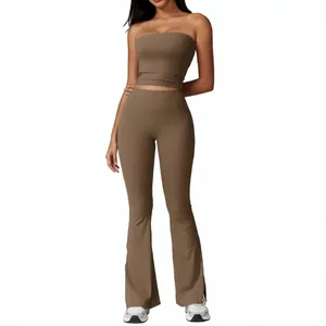 Women's Strapless Mid Waist Yoga Set Solid Color Flared Leg 4 Piece Workout Outfit Seamless Spandex Polyester Breathable Front - Product Image 1