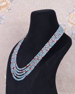 Collier de perles de pierres précieuses facettées en aquamarine naturelle et corail - Product Image 3