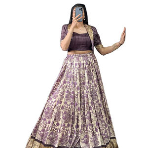 Handcrafted Tasar Silk Printed With Viscose Border Lehenga Choli - Product Image 1
