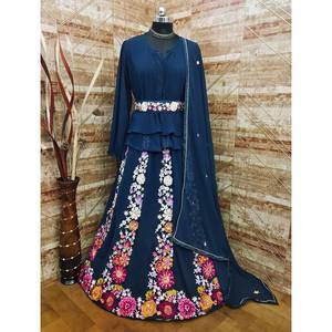 Fancy Designer Women's Semi-Stitched Blue Party Wear <b>Set</b> Top Bottom with Dupatta Georgette <b>Embroidery</b> Work - Product Image 1